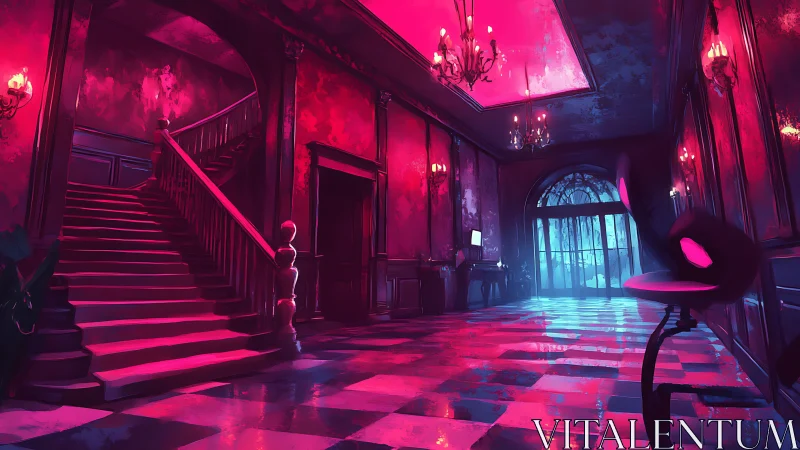 Neon-lit mansion foyer glows with eerie cinematic drama.