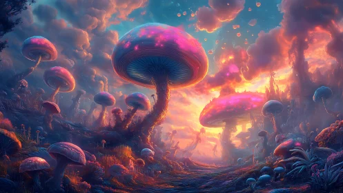 Dreamlit mushroom valley under a glowing cosmic sky.