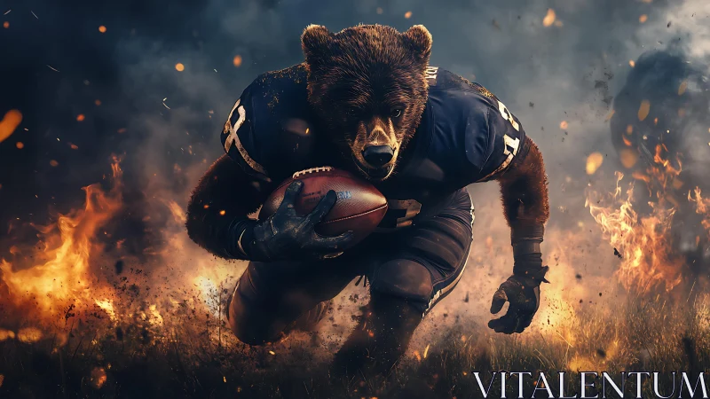 Anthropomorphic bear running back in flaming gridiron arena