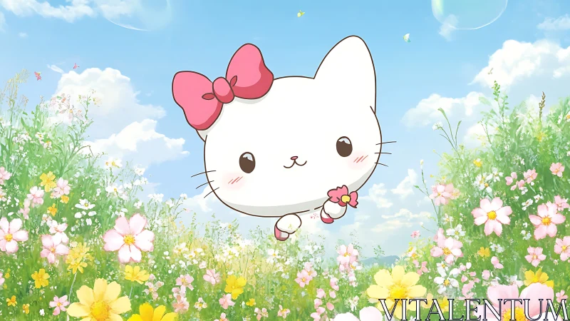 Sunny meadow kitten with a pink bow and tiny flower.