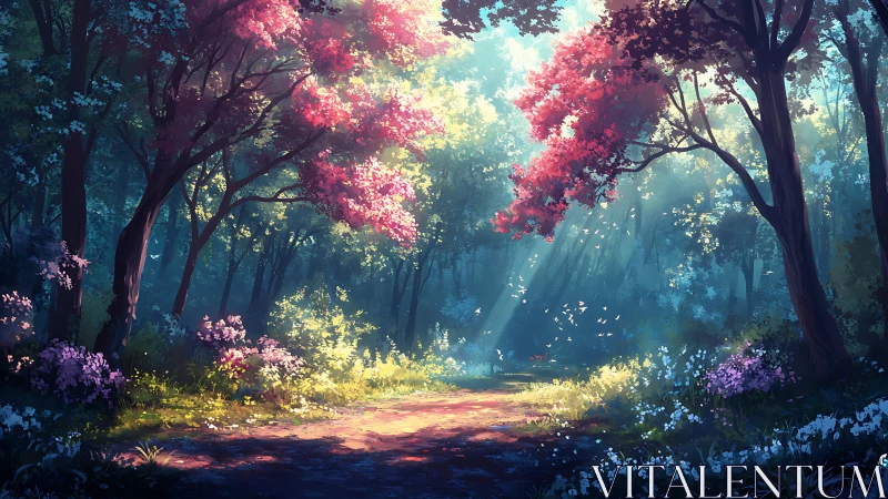 Luminous Forest Canopy: Enchanted Pathway Through Blooming Trees.