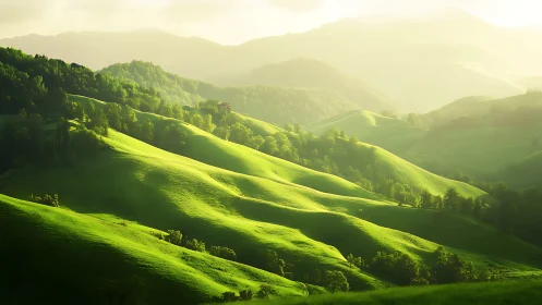 Sunlit velvet hills breathing softly in morning hush.