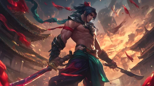 Warrior stands amid burning sky over ancient temples.