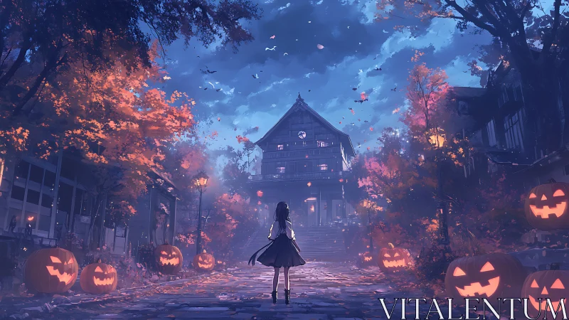 Girl walks toward haunted house along glowing pumpkins