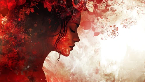 Profile portrait merges floral abstractions with crimson light