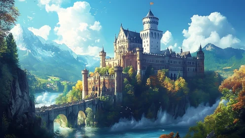 Sunlit cliffside castle overlooking a dreamy mountain valley.