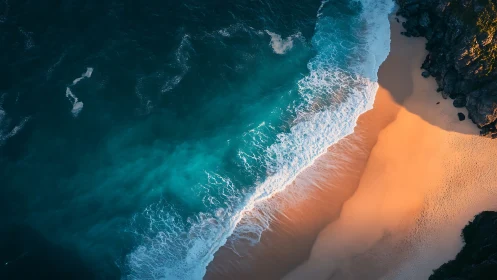 Sunlit shoreline with turquoise surf viewed from above.