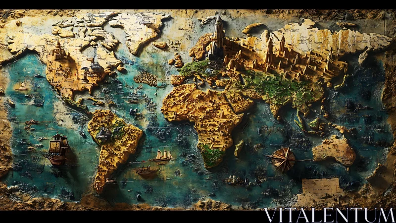 Tactile 3D world map relief integrates ships and fantasy citadels