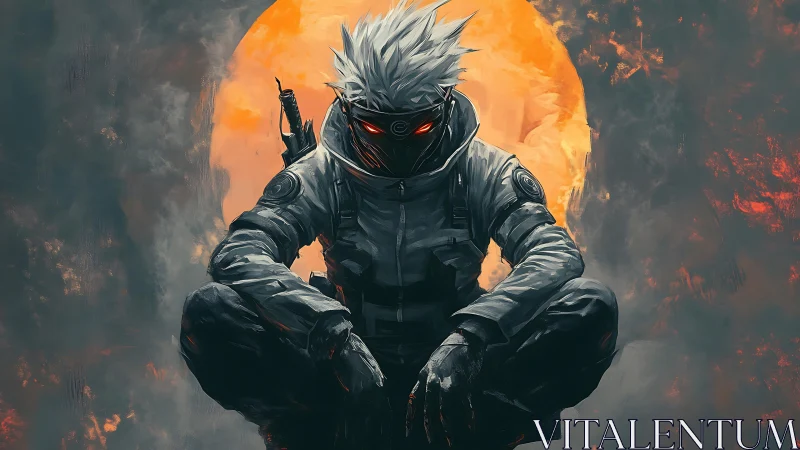 Silent masked warrior resting beneath a burning moon.