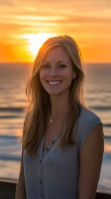 Smiling woman stands before vivid orange ocean sunset.