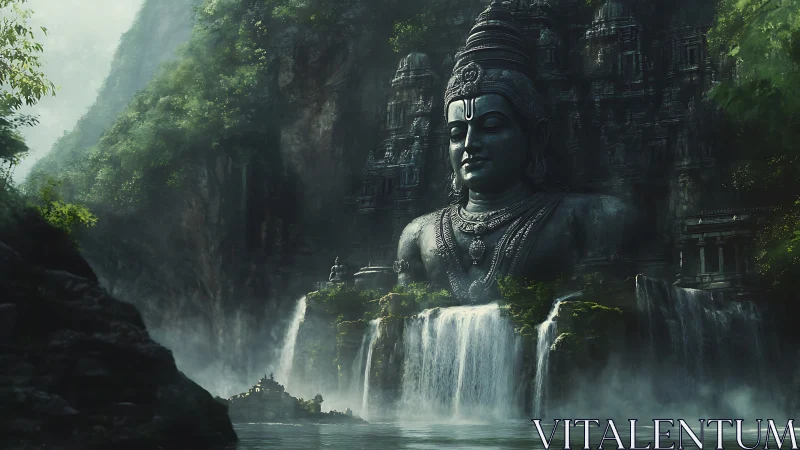 Colossal rock-cut deity emerging from mist-laden waterfalls