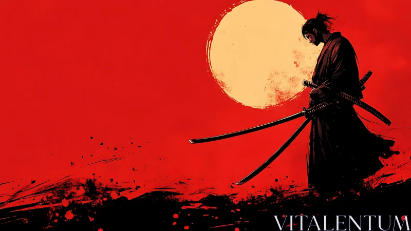 Solitary samurai silhouette against stark red sun.