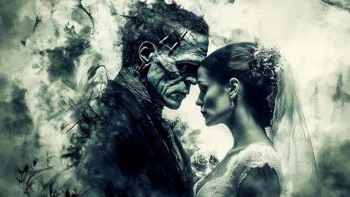 Monochrome Frankenstein groom confronts bridal figure in smoky vignette