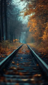 Low-angle railway tracks receding through foggy autumn forest corridor