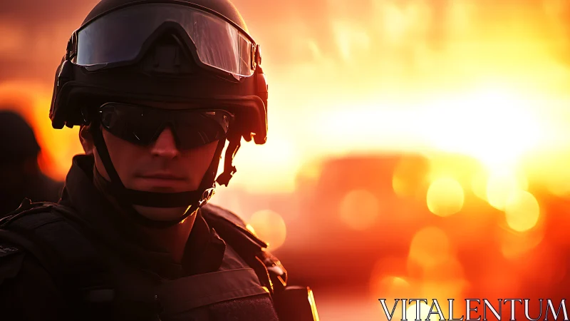 Tactical officer silhouetted against high-intensity sunset bokeh