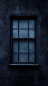 Nocturnal facade window with nine-pane grid in cold blue tones
