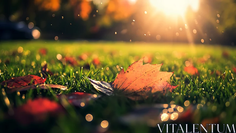 Sunlit maple leaf on dewy grass with glowing bokeh haze.