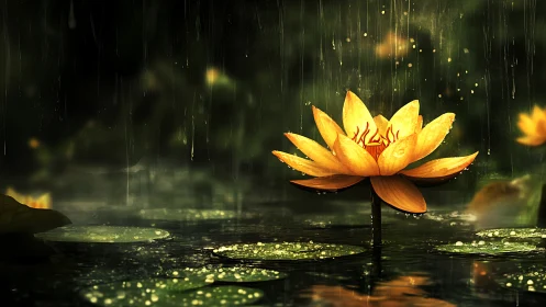 Golden lotus quietly rehearses sunlight in the falling rain