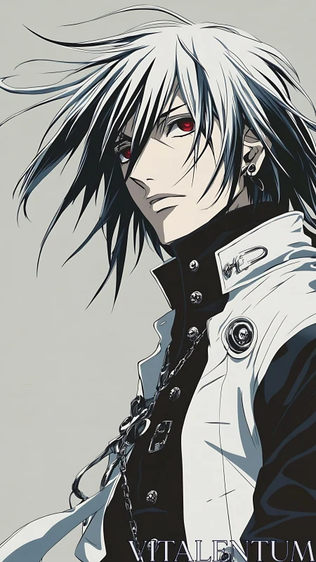 Monochrome anime portrait shows silver-haired figure with red eyes