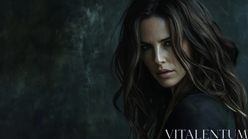 Moody portrait of defiant woman in shadowed studio light.