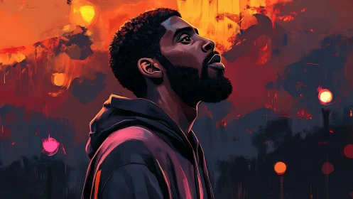 Side-profile portrait of man against abstract orange sky