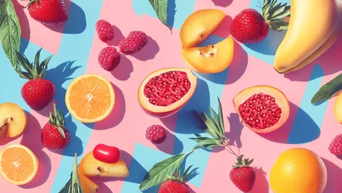 Vibrant flat-lay fruit study on geometric pastel backdrop.