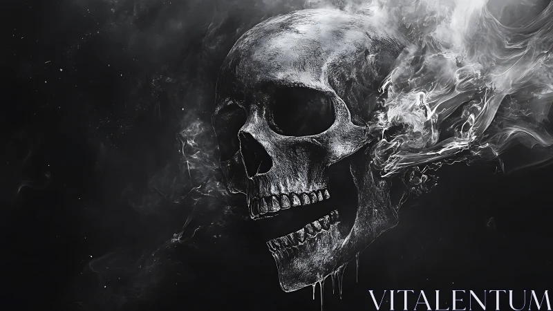 Smoldering human skull rendered in high-contrast monochrome digital art