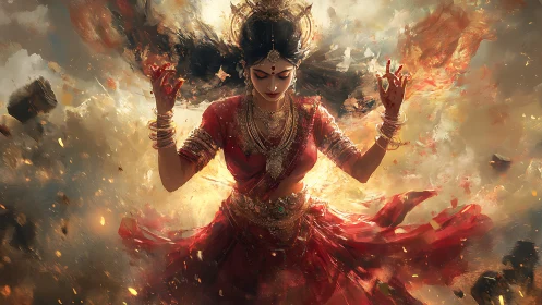 Mythic energy convergence around radiant fire dancer figure.