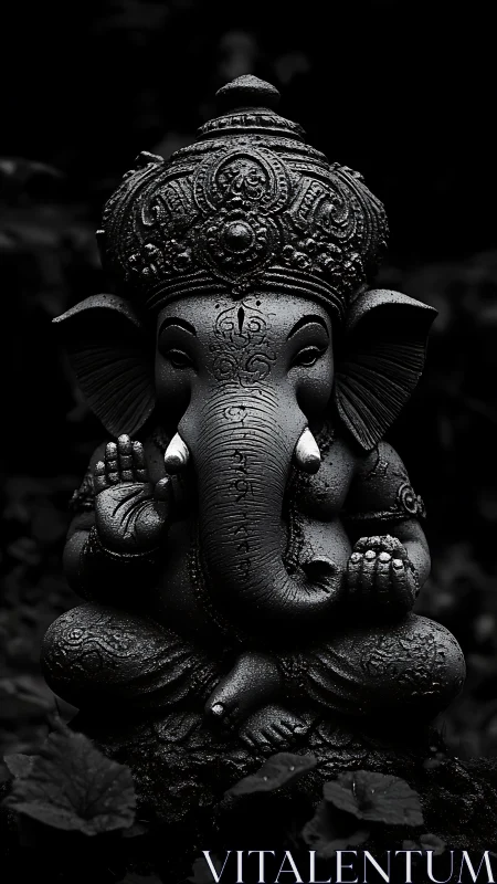 Monochrome Ganesha sculpture in dramatic low key lighting.