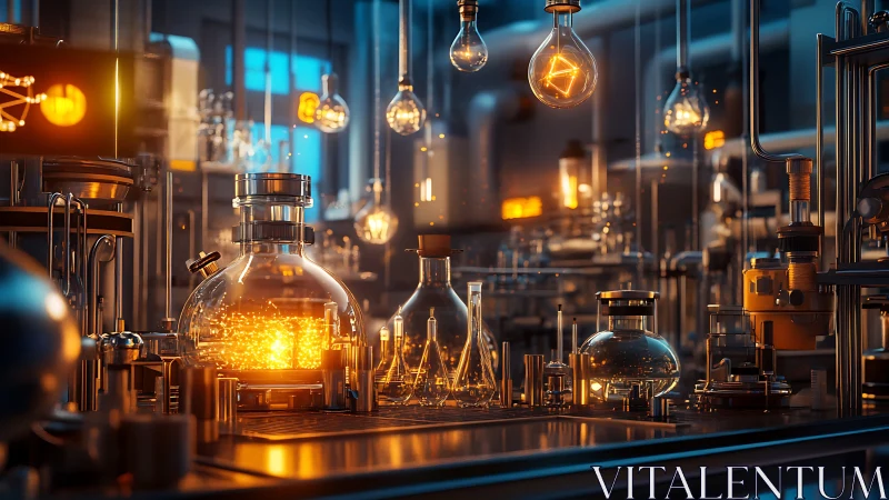 Glowing chemical reaction in futuristic laboratory interior.