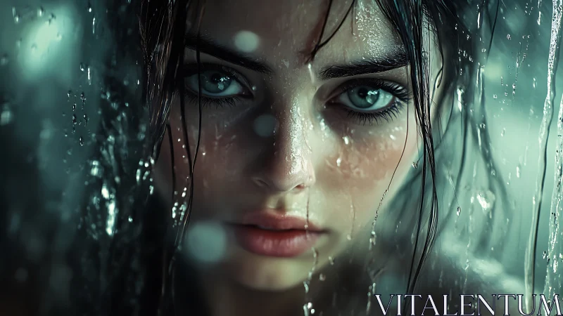 Rain-kissed gaze and quiet strength behind misted glass.