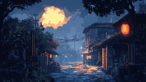 Quiet pixel dusk over a lantern lit nostalgic street.