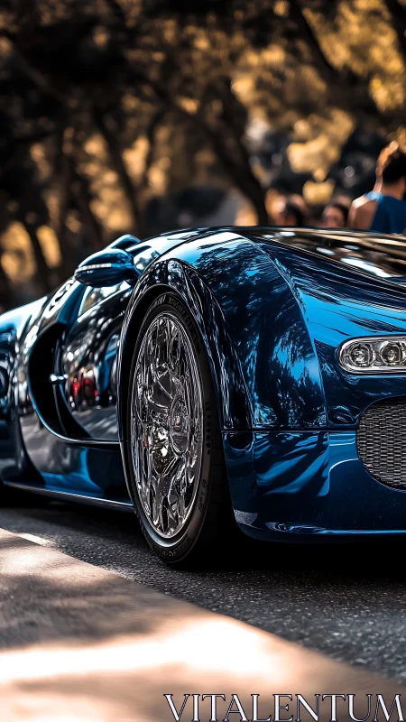 Blue supercar close-up with chrome wheel reflections.