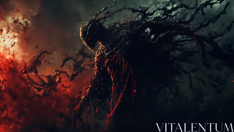 Shadow entity emerging through molten inferno clouds.