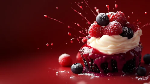 Layered dessert with red berries, cream frosting, and particle effects composition.