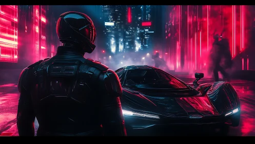 Armored figure observes low supercar on neon city street