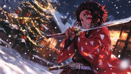 Sword-wielding anime hero ignites a snowy festive night