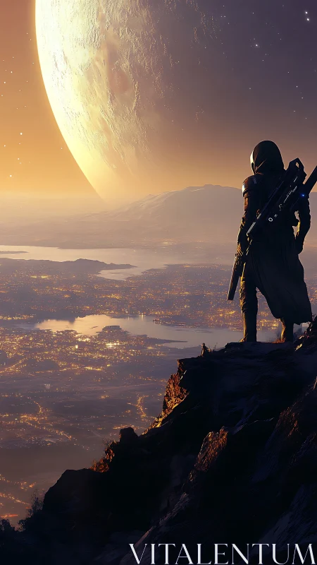 Hooded space traveler observes illuminated city and giant moon
