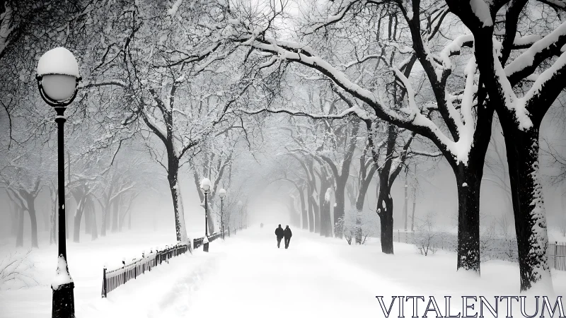 Snow-draped city promenade cradles two distant silhouettes.