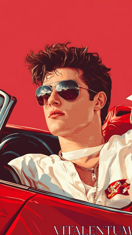 Retro pop art portrait of driver in red convertible coupe.