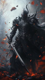 Dark armored knight stands in burning embers of a cursed forest