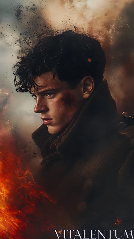 Young male profile is framed against fire and drifting smoke