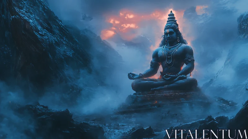 Monolithic Shiva statue meditates amid glacial storm glow