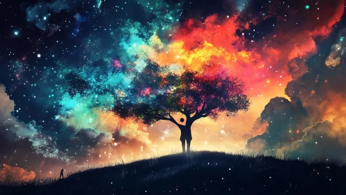 Silhouetted dreamer embraces a cosmic, rainbow-lit tree.