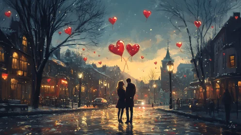 Couple Under Heart-shaped Balloons in Evening Street.