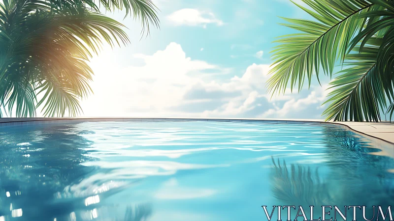 Sunlit infinity pool reflects tropical palms and calm sky