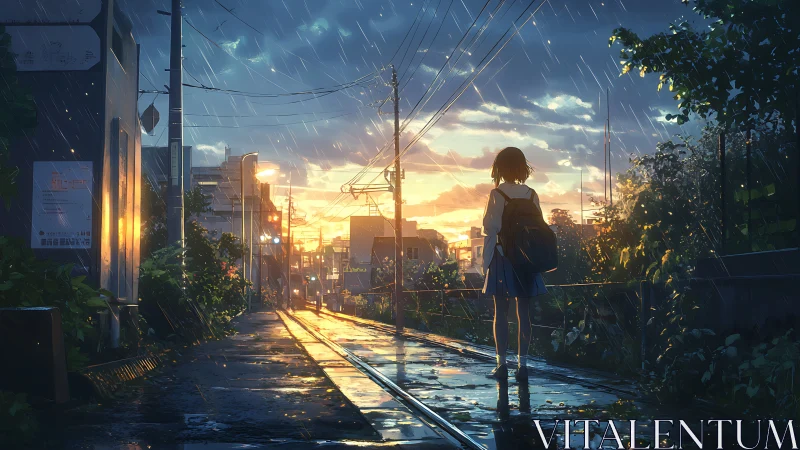 Schoolgirl on wet urban path at sunset in rainfall.
