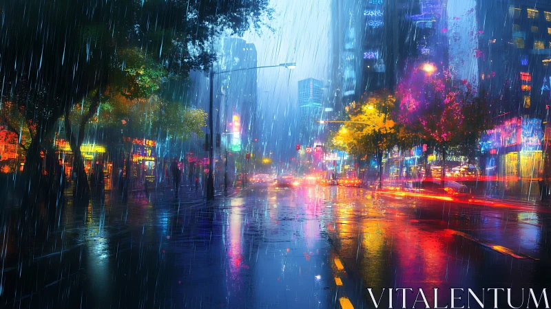 Neon lit city street in heavy rain at night scene.