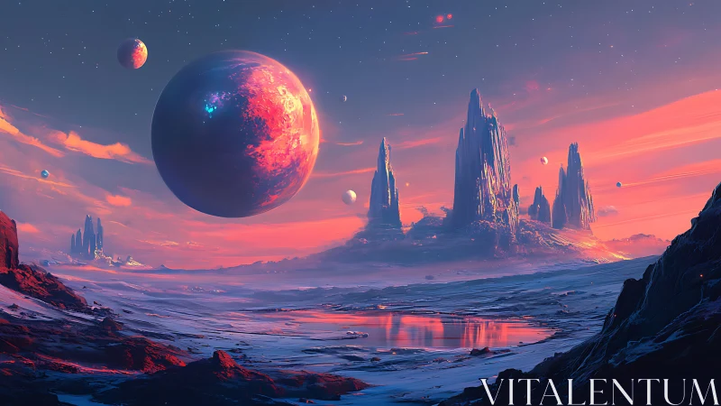 Distant planetary landscape shows ringless world and spires