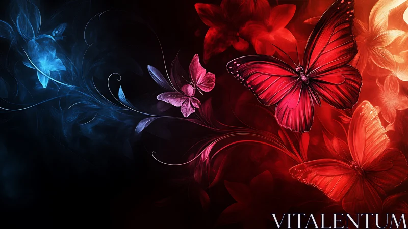 Digital painting of red butterflies on a blue to red bloom field.